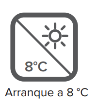 Arranque a 8 ºC y refrigeración a baja temperatura ambiente El equipo incorpora función de arranque a 8 ºC, pensada para mantener una temperatura mínima de protección en modo calefacción cuando la vivienda permanece sin uso durante periodos fríos. Además, puede trabajar en refrigeración con temperaturas exteriores de hasta -15 ºC a 43 ºC, y en calefacción con un rango de funcionamiento de -15 ºC a 24 ºC, ofreciendo versatilidad durante todo el año.